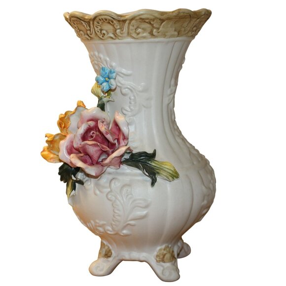 Vtg Italian Capodimonte Porcelain Footed Vase w/Handcrafted Roses Floral - Picture 7 of 12